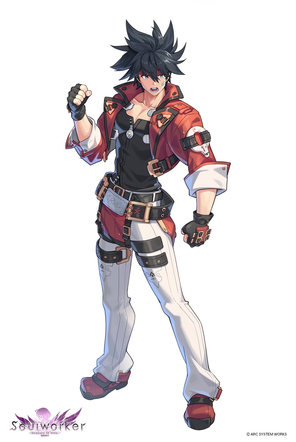 1boy arc_system_works black_gloves black_hair blue_eyes cosplay covered_abs fingerless_gloves forehead_protector full_body gloves guilty_gear guilty_gear_strive headband highres jin_seipatsu long_sleeves looking_at_viewer male_focus muscular muscular_male official_art pants red_bandage short_hair simple_background sol_badguy sol_badguy_(cosplay) soulworker spiked_hair white_background white_pants