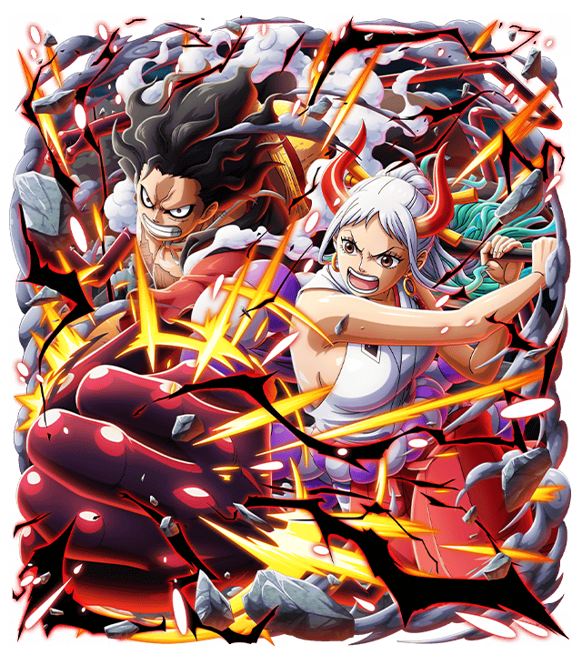 1boy 1girl black_hair brown_eyes clenched_hand game_cg horns medium_hair monkey_d._luffy official_art one_piece one_piece_treasure_cruise oni_horns open_mouth teeth white_hair yamato_(one_piece)
