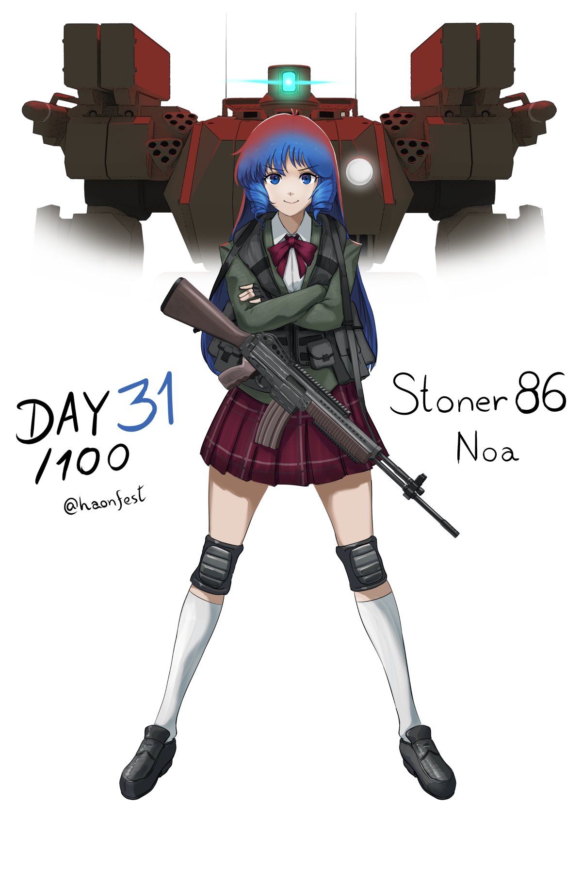 1girl ammunition_pouch black_footwear black_gloves blue_eyes blue_hair body_armor bow bulletproof_vest closed_mouth collared_shirt commentary crossed_arms drill_hair english_commentary english_text fingerless_gloves full_body gloves green_jacket gun haonfest headlight highres jacket knee_pads kneehighs legs_apart light_machine_gun loafers long_hair long_sleeves looking_at_viewer machine_gun mecha original plaid plaid_skirt pleated_skirt pouch red_bow red_skirt rifle robot school_uniform shirt shoes simple_background skirt sling smile socks solo stoner_63 straight-on twitter_username typo weapon weapon_name white_background white_shirt white_socks