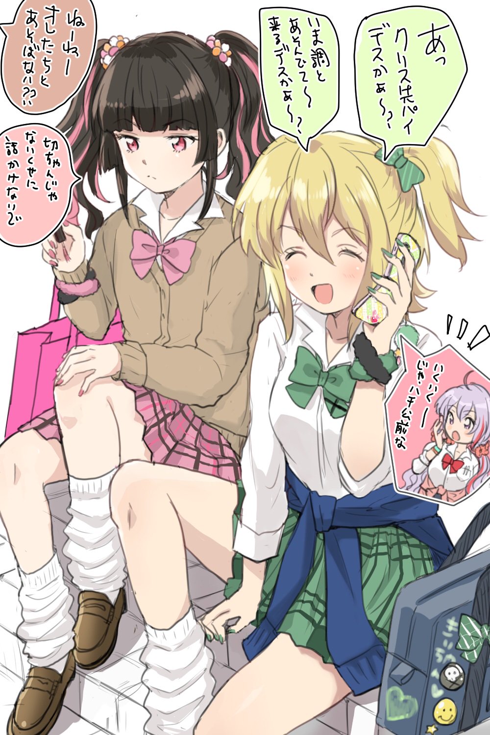 2girls akatsuki_kirika bag black_hair blonde_hair bow cardigan closed_eyes commentary_request eyelashes green_bow green_scrunchie green_skirt gyaru hair_bow hair_ornament happy high_ponytail high_side_ponytail highres kogal leg_warmers multicolored_hair multiple_girls open_mouth pink_bow pink_eyes pink_hair pink_skirt ponytail runawate56 school_bag school_uniform scrunchie senki_zesshou_symphogear shirt shoes side_ponytail simple_background sitting skirt smile speech_bubble streaked_hair translation_request tsukuyomi_shirabe twintails two-tone_hair white_background white_shirt wrist_scrunchie