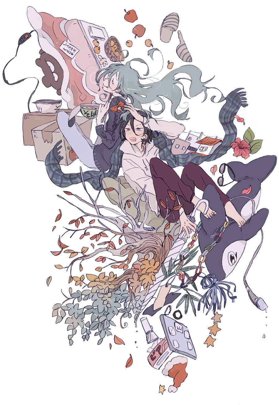 1boy 1girl ahoge arm_on_head autumn_leaves back-to-back barefoot basket black_eyes black_hair blue_pants blue_sweater bow bowl box cable chopsticks closed_eyes dolphin eating flower food fruit full_body grey_hair h_kawa hair_lift hibiscus highres holding holding_bowl holding_chopsticks holding_umbrella hood hood_down hoodie keyring kotatsu leaf leggings long_sleeves looking_at_object makishima_yuusuke mandarin_orange noodles open_mouth orange_bow pants parted_lips petals pink_flower ramen reaching red_pants shoes sitting slippers smile striped striped_footwear sweater table teeth toenails toudou_jinpachi tree umbrella unworn_shoes upper_teeth_only wavy_hair white_background white_footwear white_hoodie white_umbrella yowamushi_pedal