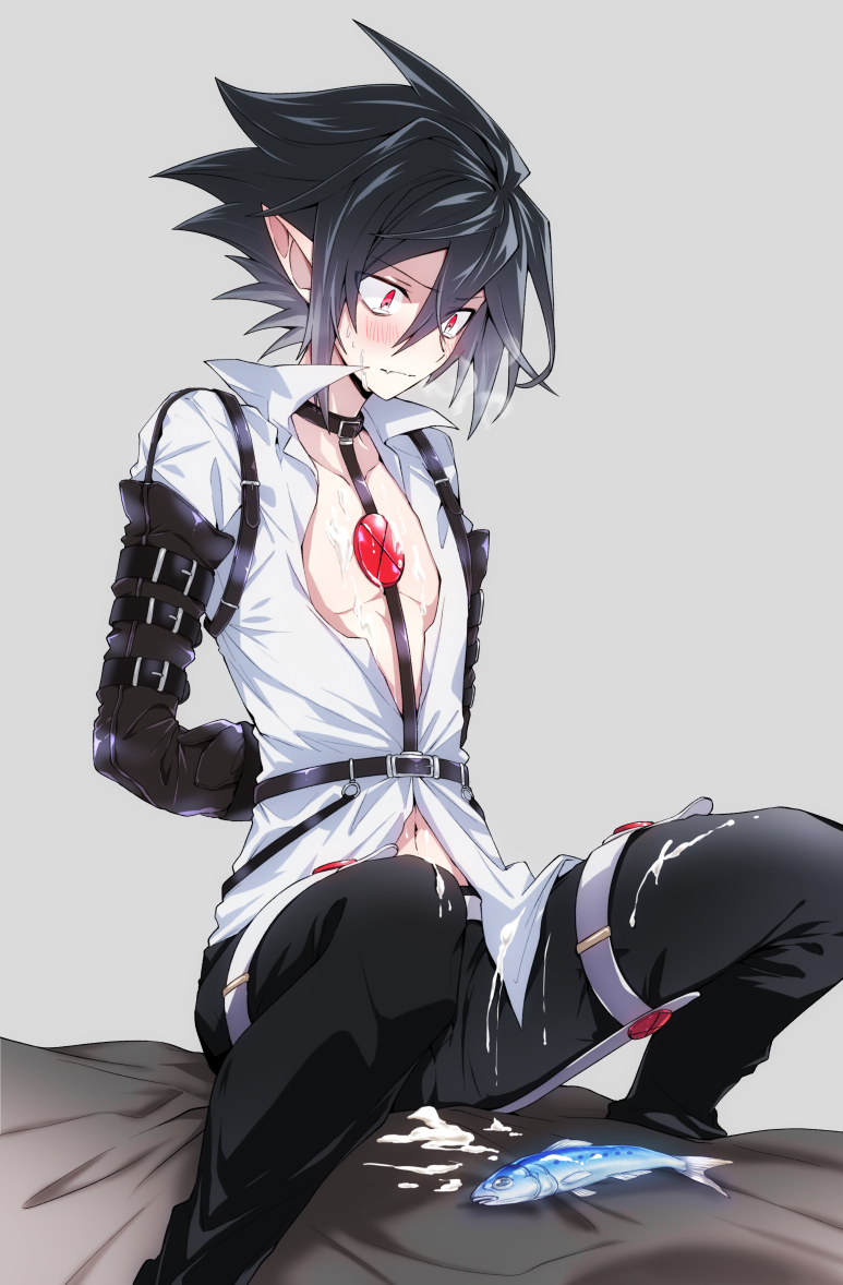 bdsm black_bottomwear black_clothing black_hair black_pants blush bodily_fluids bondage bottomwear bound choker clothed clothing cum cum_on_chest cum_on_face cum_on_leg disgaea disgaea_4 fish genital_fluids hair hands_behind_back humanoid humanoid_pointy_ears jewelry male marine necklace not_furry open_clothing open_shirt open_topwear pants red_eyes restrained restraints sardine shirt solo straps tears topwear unknown_artist valvatorez vampire white_clothing white_shirt white_topwear