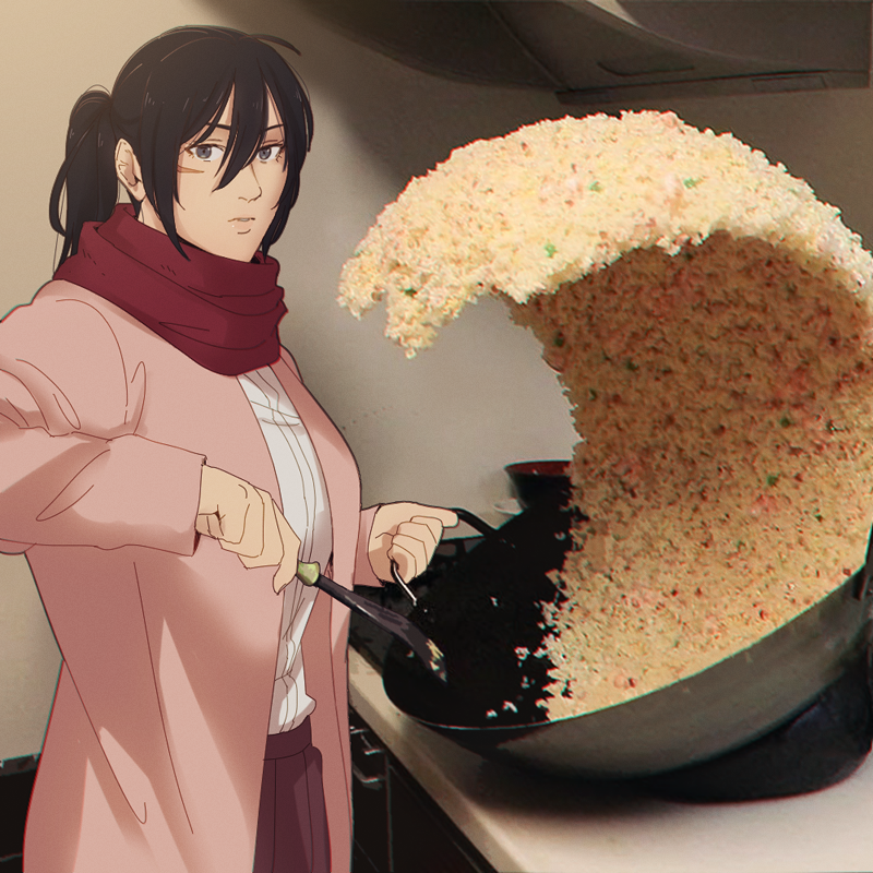 1girl black_eyes black_hair breasts chromatic_aberration coat food fried_rice fried_rice_prank_(meme) hair_between_eyes hanpetos large_breasts looking_at_viewer meme mikasa_ackerman photo_background pink_coat ponytail red_scarf scarf shingeki_no_kyojin solo stove