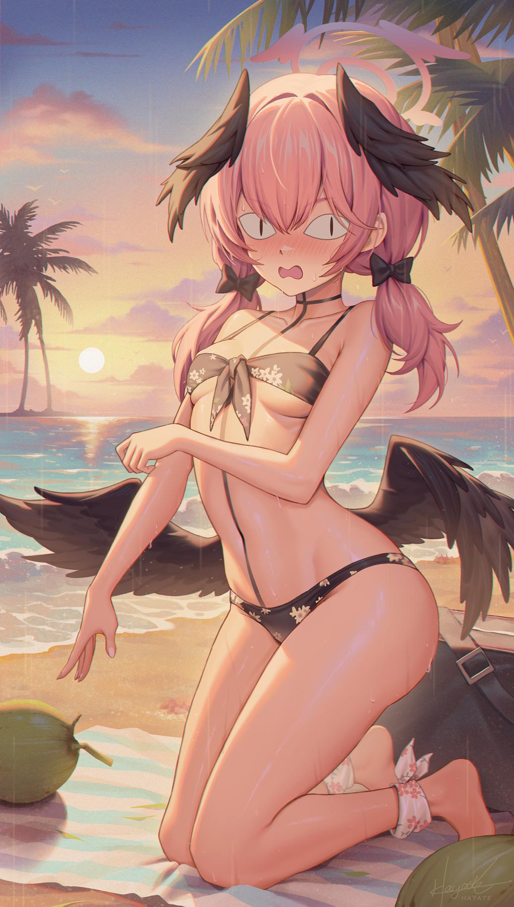 1girl bag bikini black_bikini black_bow black_feathers black_wings blue_archive blush body_markings bow breasts cloud coconut duffel_bag embarrassed feathers full_body hair_bow halo hayate_(leaf98k) head_wings highres kneeling koharu_(blue_archive) koharu_(swimsuit)_(blue_archive) looking_at_viewer low_twintails low_wings navel open_mouth outdoors palm_tree pink_eyes pink_hair sky slit_pupils small_breasts solo stomach swimsuit thighs tree twintails wide-eyed wings