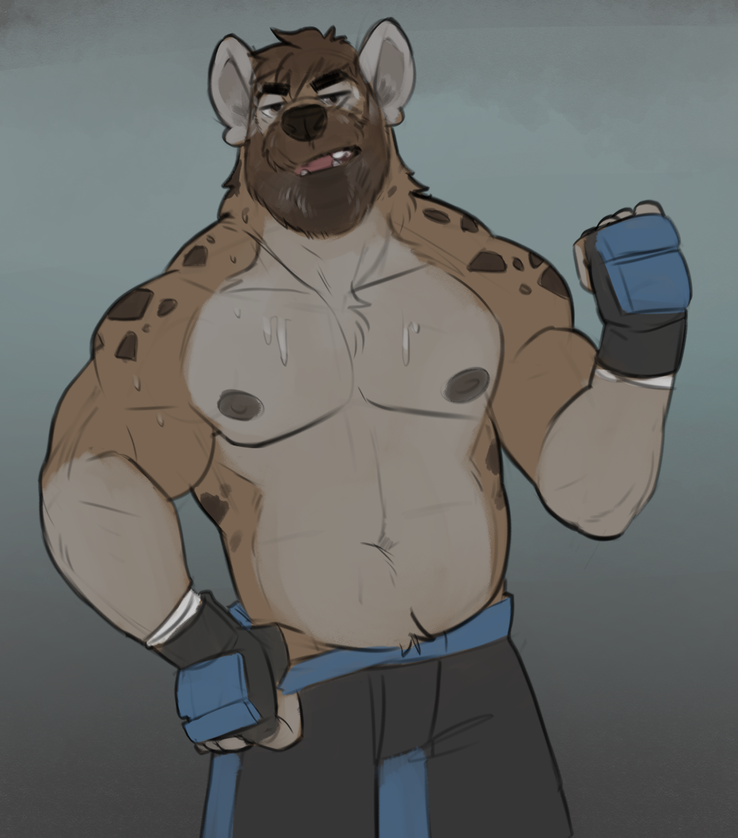 anthro beard bodily_fluids bottomwear brown_body brown_fur canid canine clothed clothing facial_hair fur gloves handwear hi_res horrorbuns hyena looking_at_viewer male mammal muscular muscular_male narrowed_eyes nipples open_mouth shorts simple_background solo spots spotted_body spotted_fur sweat teeth topless wrestler wrestling_gear