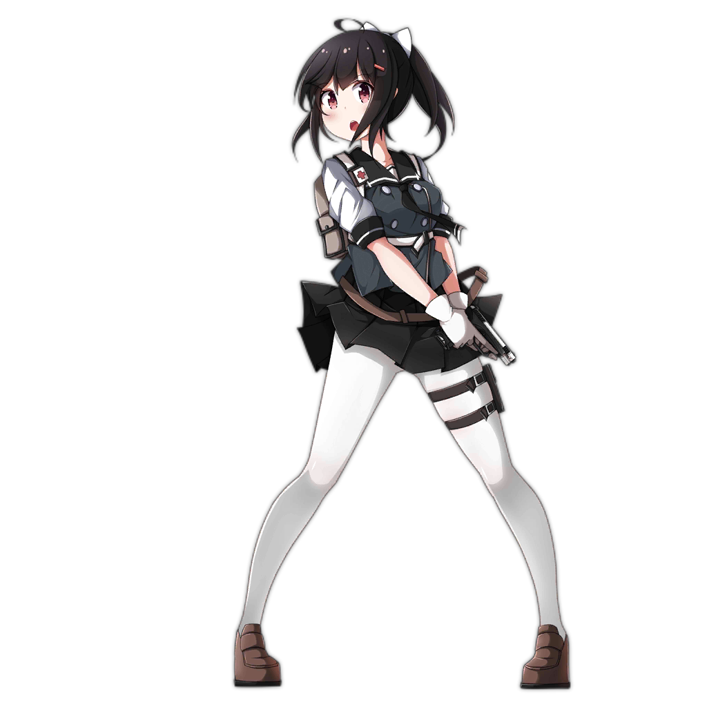 1girl ac130 ahoge backpack bag black_hair black_skirt blue_vest blush breasts brown_footwear cross full_body girls'_frontline gloves gsh-18 gsh-18_(girls'_frontline) gun hair_between_eyes hair_ornament hair_ribbon hairclip handgun holding holding_gun holding_weapon holster large_breasts loafers looking_at_viewer medium_hair official_art open_mouth pantyhose ponytail red_cross red_eyes ribbon shoes short_sleeves sidelocks simple_background skirt solo standing thigh_holster transparent_background vest weapon white_gloves white_pantyhose white_ribbon