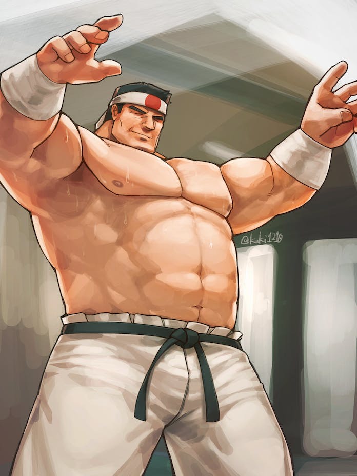 1boy armpits bara black_hair broad_shoulders closed_eyes daimon_gorou dougi fighting_stance hachimaki headband indoors kuki1210 large_pectorals male_focus mature_male multiple_boys muscular muscular_male nipples pants pectorals short_hair smile strongman_waist sweat sweatband the_king_of_fighters thick_eyebrows topless_male twitter_username