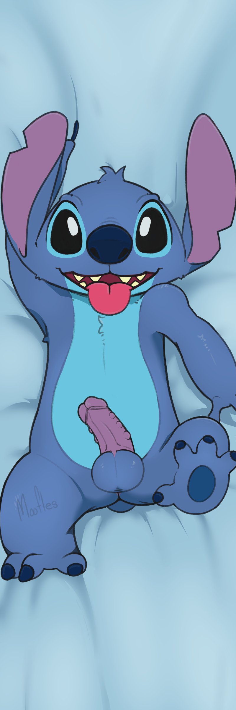 absurd_res alien anthro balls bedding blue_body butt_from_the_front dakimakura_design disney experiment_(lilo_and_stitch) genitals half-erect hi_res lilo_and_stitch looking_at_viewer lying male moofles123 on_back open_mouth penis solo spread_legs spreading stitch_(lilo_and_stitch)