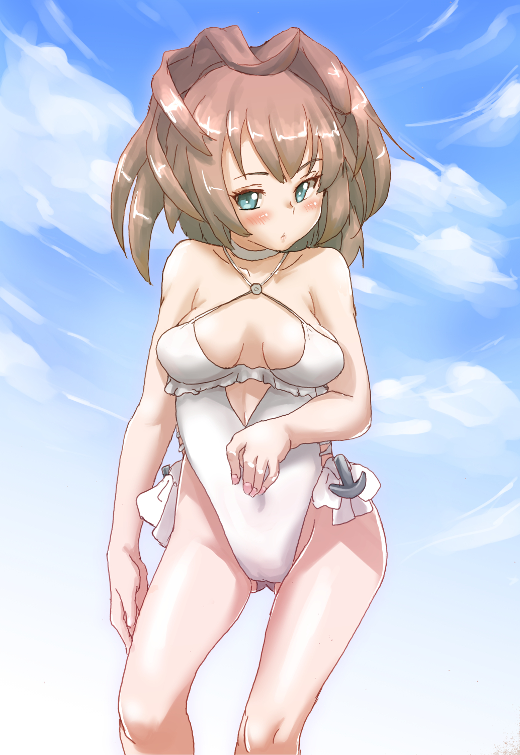 1girl anchor_ornament blue_eyes bobabo breasts brown_hair casual_one-piece_swimsuit choker clothing_cutout cosplay feet_out_of_frame flower frilled_one-piece_swimsuit frills hair_flower hair_ornament hairband highleg highleg_swimsuit highres kantai_collection long_hair looking_at_viewer medium_breasts messy_hair one-piece_swimsuit sagiri_(kancolle) sagiri_(kancolle)_(cosplay) sheffield_(kancolle) side-tie_swimsuit solo swimsuit white_choker white_one-piece_swimsuit