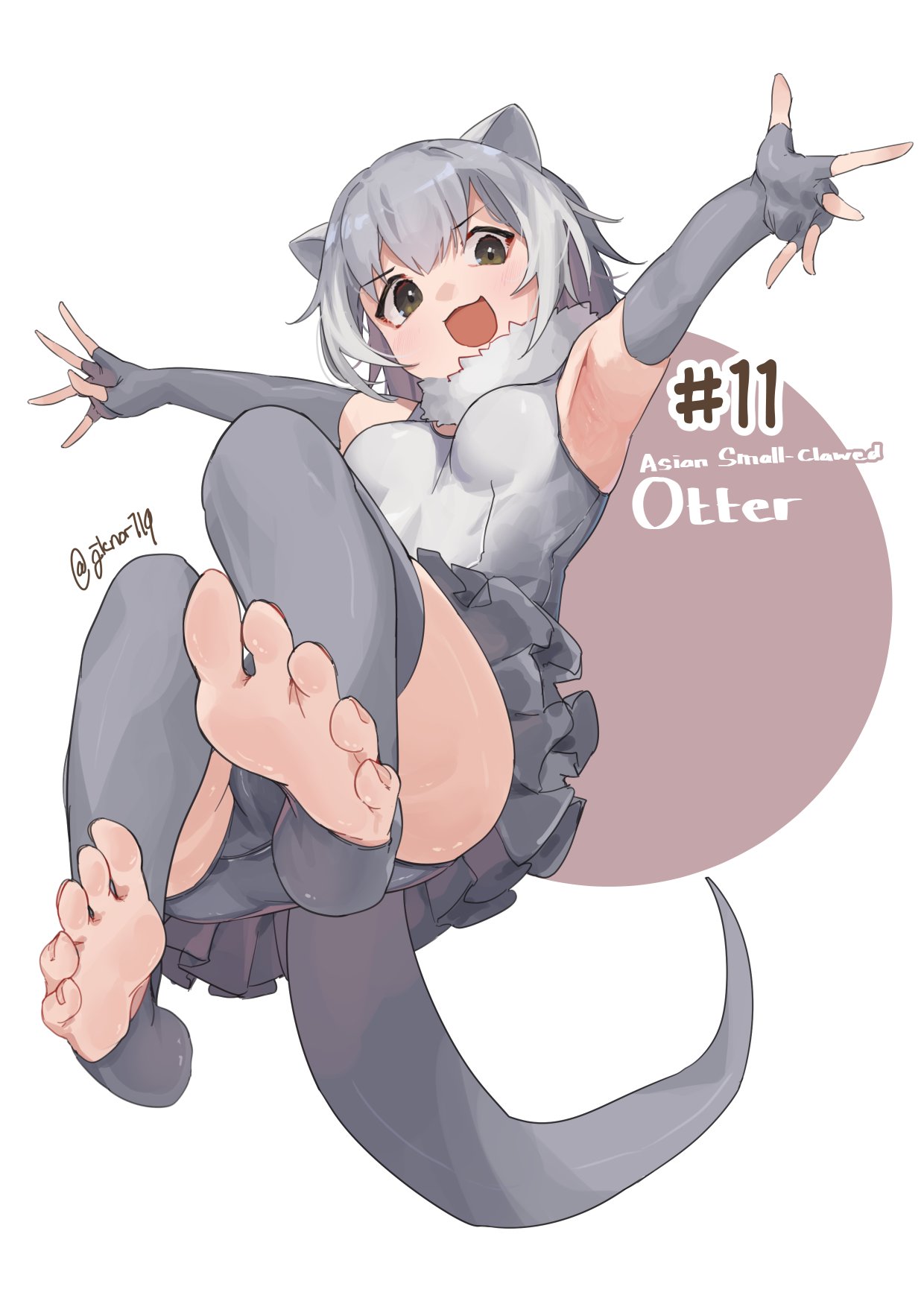 1girl animal_ears bare_shoulders barefoot blush brown_eyes elbow_gloves fingerless_gloves frilled_one-piece_swimsuit frills gloves grey_gloves grey_hair grey_one-piece_swimsuit grey_thighhighs hair_between_eyes highres kemono_friends multicolored_hair noor7 one-piece_swimsuit open_mouth otter_ears otter_girl otter_tail short_hair sidelocks small-clawed_otter_(kemono_friends) smile solo swimsuit tail thighhighs toeless_legwear two-tone_hair two-tone_one-piece_swimsuit white_hair white_one-piece_swimsuit