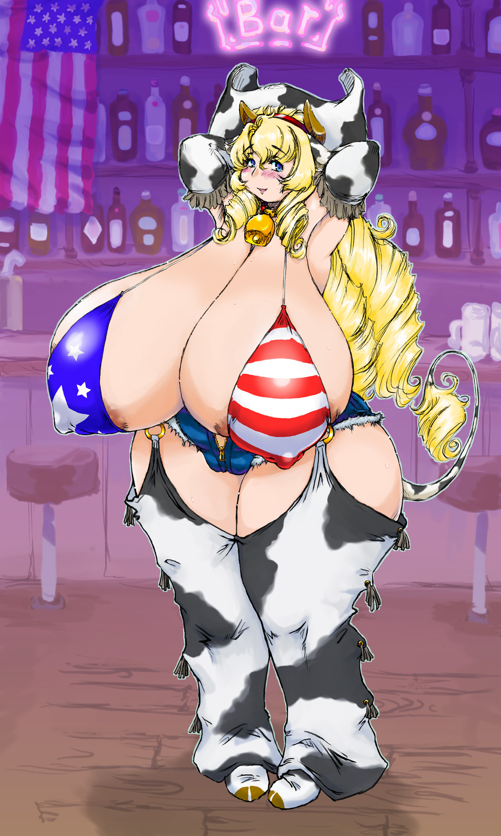 animal_humanoid animal_print areola bell bell_collar big_breasts blonde_hair blue_eyes bottomwear bovid bovid_humanoid bovine bovine_humanoid breasts cattle_humanoid clothing collar cow_print cutoffs denim denim_clothing female flag_clothing hair hands_behind_head hi_res horn horned_humanoid huge_breasts humanoid inside light_body light_skin mammal mammal_humanoid nipple_outline pose shorts solo stars_and_stripes tail tail_tuft tatara tuft united_states_of_america