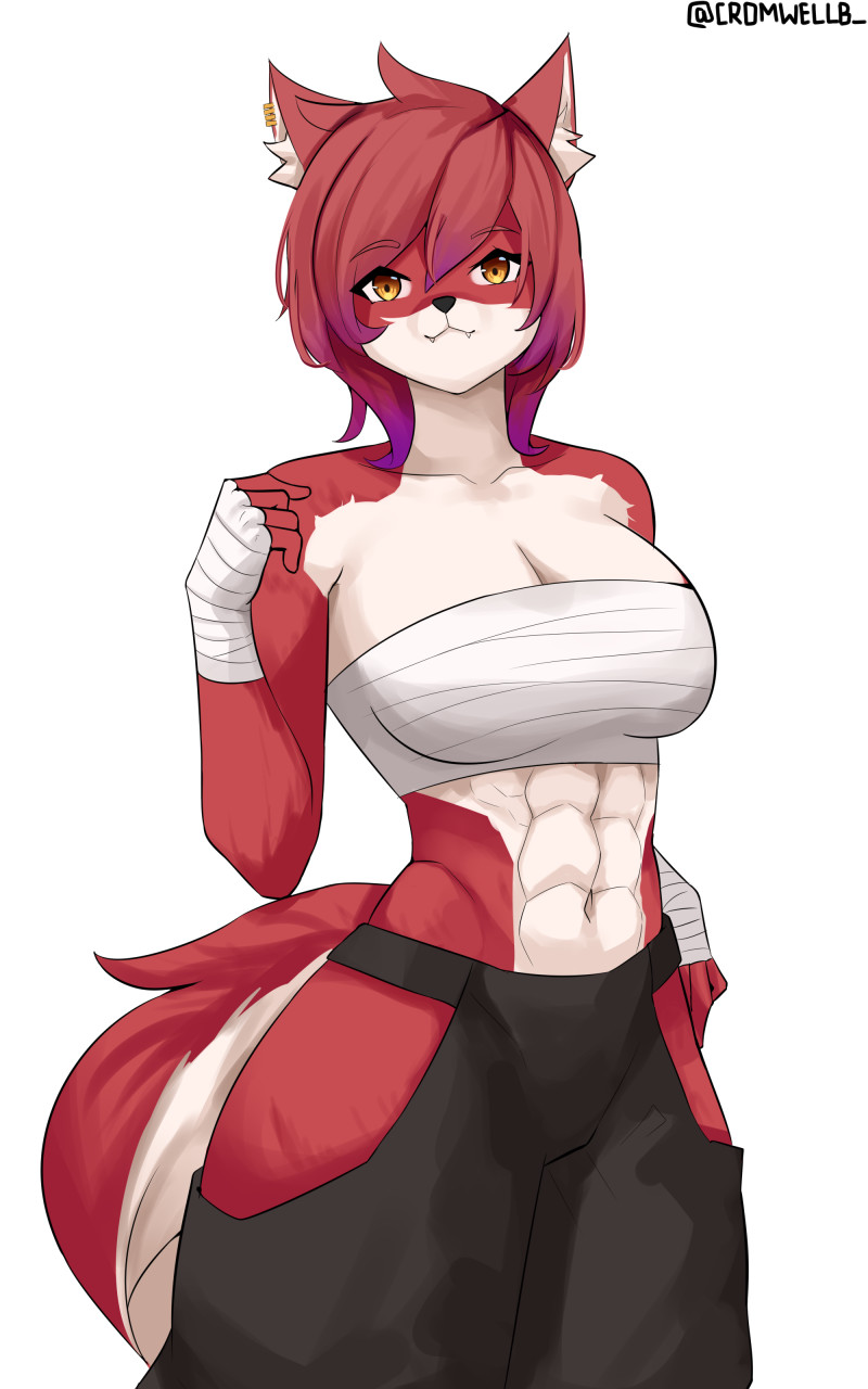 abs anthro breasts canid canine canis cleavage clothed clothing cromwellb danielle_sterling_(spitfire420007) female hi_res mammal midriff muscular muscular_anthro muscular_female red_body smile solo tape white_body wolf yellow_eyes