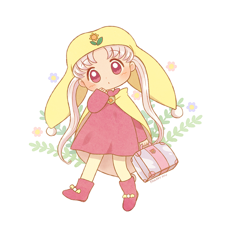 1girl ayu_(mog) dot_mouth dress flower full_body hat holding holding_suitcase jester_cap long_hair long_sleeves no_nose pantyhose pink_hair princess_silver red_eyes red_footwear signature simple_background suitcase white_background yellow_headwear yellow_pantyhose yume_no_crayon_oukoku