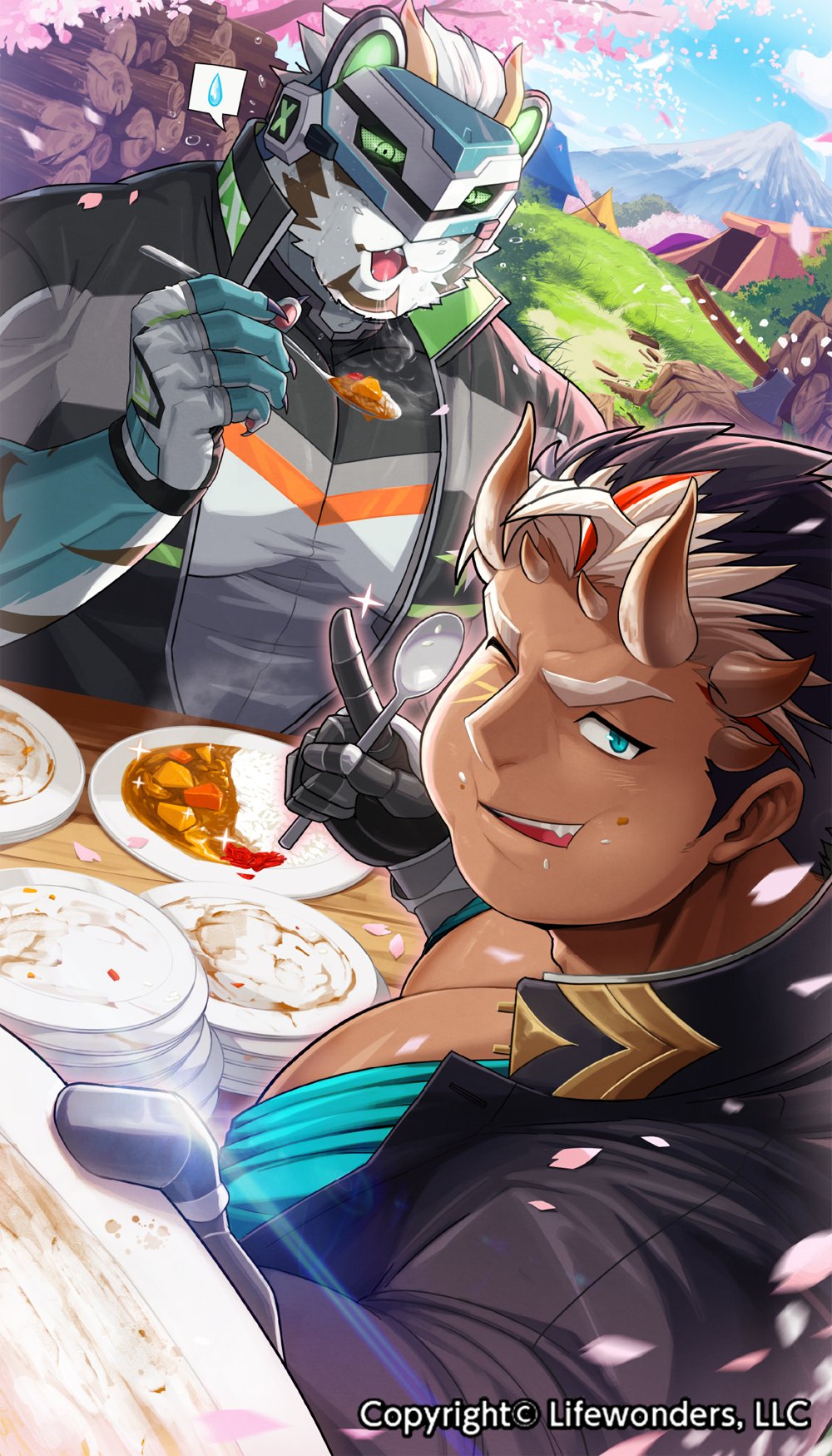 2boys absol_(dkqthf) animal_ears aqua_fur axe bara black_hair blowing_on_food blue_eyes cherry_blossoms commentary_request copyright curry curry_rice dark-skinned_male dark_skin demon_boy demon_horns extra_horns facial_tattoo fang fingerless_gloves food food_on_face furry furry_male gakuran gauntlets glint gloves helmet highres holding holding_spoon horns index_finger_raised jacket japanese_clothes kimono large_pectorals live_a_hero log macroich_(housamo) male_focus multicolored_hair multiple_boys multiple_horns muscular muscular_male one_eye_closed open_clothes open_kimono orange_hair pectoral_cleavage pectorals plate rexer_(live_a_hero) rice rice_on_face school_uniform short_hair smile spoken_sweatdrop spoon streaked_hair sweatdrop tattoo tent thick_eyebrows tiger_boy tiger_ears tokyo_afterschool_summoners tree_stump upper_body white_hair