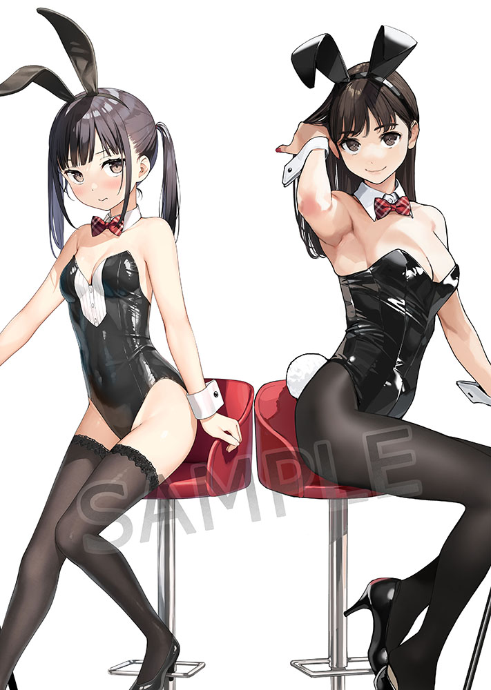 2girls animal_ears arm_up armpits bar_stool bare_shoulders black_footwear black_leotard blush bow bowtie breasts brown_eyes brown_hair brown_pantyhose brown_thighhighs cleavage closed_mouth detached_collar fake_animal_ears fake_tail high_heels highleg highleg_leotard kantoku lace-trimmed_legwear lace_trim leotard long_hair looking_at_viewer medium_breasts multiple_girls nail_polish original pantyhose plaid plaid_bow plaid_bowtie playboy_bunny rabbit_ears rabbit_tail red_bow red_bowtie red_nails sample_watermark second-party_source sidelocks simple_background sitting small_breasts smile stool strapless strapless_leotard tail thighhighs white_background wrist_cuffs yomu_(sgt_epper)