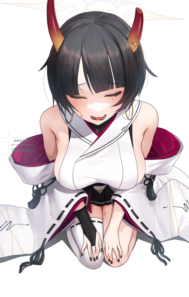 1girl bare_shoulders black_gloves black_hair black_nails black_ribbon blue_archive blunt_bangs bob_cut breasts bridal_gauntlets broken_horn closed_eyes detached_sleeves earrings foreshortening from_above full_body gloves gold_earrings halo highres hoop_earrings horns japanese_clothes jewelry kimono medium_breasts mole mole_under_eye nail_polish niya_(blue_archive) oni_horns open_mouth revision ribbon ribbon-trimmed_sleeves ribbon_trim seiza sidelocks simple_background single_glove single_thighhigh sitting sleeveless sleeveless_kimono solo sweatdrop tassel thighhighs thighs udaruyo white_background white_kimono white_thighhighs wide_sleeves