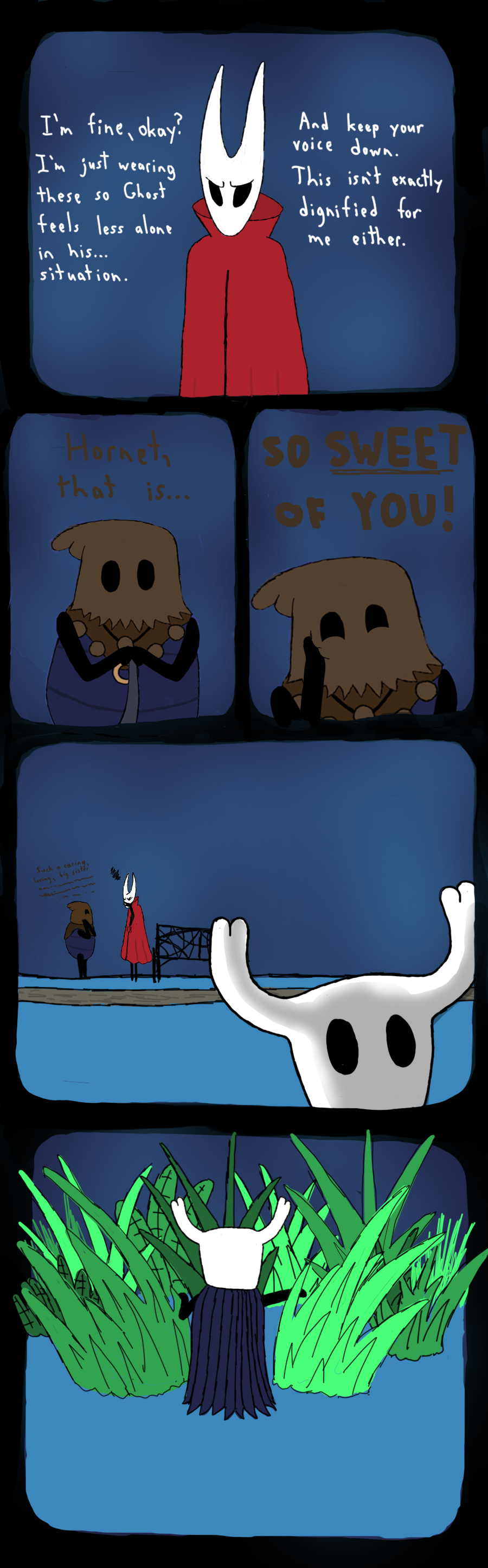 absurd_res ambiguous_gender anthro arthropod cloth_(hollow_knight) clothing comic dialogue digital_media_(artwork) duo english_text female hi_res hollow_knight hornet_(hollow_knight) insect simple_background soiledvessels solo team_cherry text the_knight_(hollow_knight) topwear vessel_(species)