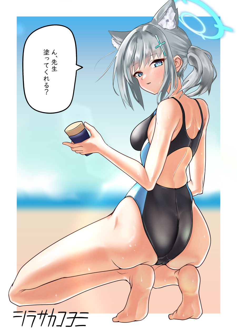 animal_ear_fluff animal_ears ass barefoot black_one-piece_swimsuit blue_archive blue_eyes blurry blurry_background breasts commentary_request competition_swimsuit covered_navel cross_hair_ornament extra_ears from_behind grey_hair hair_ornament halo highres looking_at_viewer lotion low_ponytail medium_breasts medium_hair mismatched_pupils multicolored_clothes multicolored_swimsuit official_alternate_costume one-piece_swimsuit shiroko_(blue_archive) shiroko_(swimsuit)_(blue_archive) squatting sunscreen swimsuit translation_request user_awts7884 wolf_ears