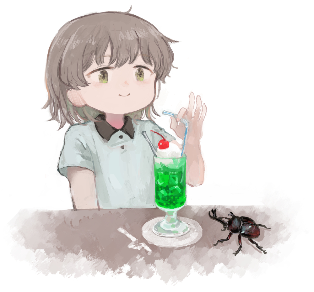 1girl alternate_costume alternate_eye_color asasow brown_hair cherry closed_mouth collared_shirt commentary_request drinking_straw food fruit green_eyes grey_shirt hand_up hatoba_tsugu holding holding_drinking_straw ice_cream ice_cream_float looking_at_food medium_hair melon_soda rhinoceros_beetle shirt short_sleeves simple_background smile solo table tsugu_(vtuber) upper_body white_background wrapper