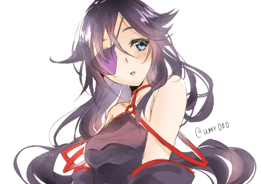 1girl blue_eyes dress eyepatch hair_flaps long_hair low_ponytail o-ring o-ring_top one-hour_drawing_challenge one_eye_covered parted_lips purple_dress purple_hair shokudaikiri_mitsutada_(tenka_hyakken) sketch solo tenka_hyakken twitter_username upper_body usami_misa white_background