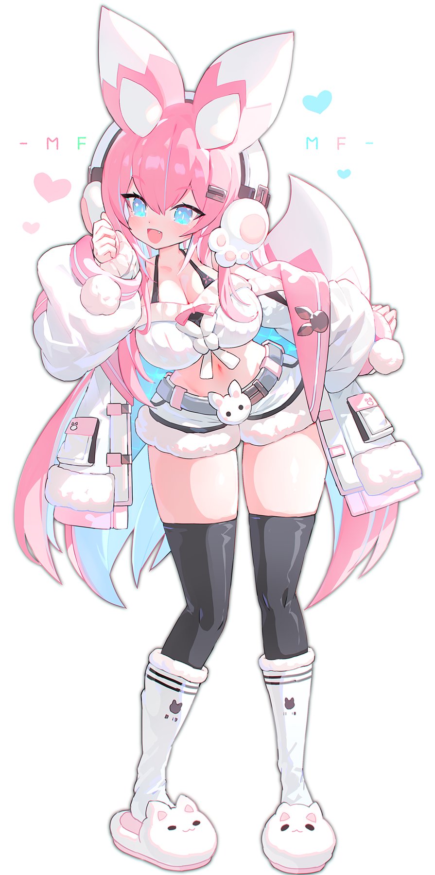 1girl animal_ears aqua_eyes aqua_hair black_thighhighs breasts cleavage clothes_down coat colored_inner_hair contrapposto crop_top earmuffs fang fox_ears fox_girl fox_tail full_body fur-trimmed_shorts fur_trim hair_between_eyes hair_ornament hairclip hand_up heart highres kneehighs large_breasts long_hair mamuru multicolored_hair navel open_clothes open_mouth original pigeon-toed pink_hair short_shorts shorts simple_background slippers smile socks solo tail thighhighs thighs very_long_hair white_background white_coat white_shorts white_socks