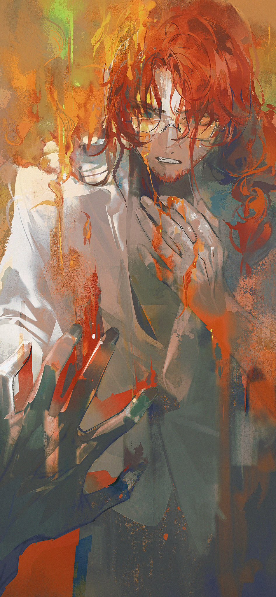 1boy aoseagrass beard blood blood_drip blood_on_arm blood_on_clothes blood_on_face blood_on_hands blood_splatter blue_eyes burning dying facial_hair fire glasses hand_on_mirror highres long_hair looking_down male_focus mirror original parted_bangs parted_lips red_hair reflection shirt short_sleeves sidelocks simple_background solo surprised upper_body white_shirt wide-eyed