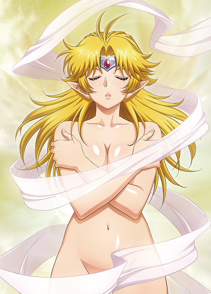 1girl blonde_hair breasts closed_eyes completely_nude convenient_censoring crossed_arms kono_yo_no_hate_de_koi_wo_utau_shoujo_yu-no long_hair medium_breasts navel non-web_source nude official_art parted_lips photoshop_(medium) pointy_ears shiny_skin solo tiara yu-no