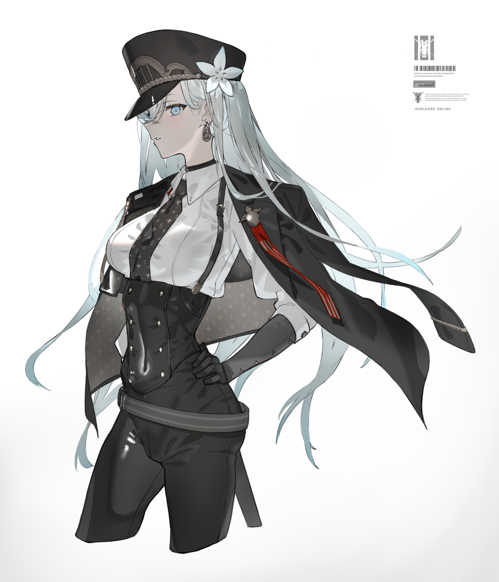 1girl also_sprach_zarathustra_(neco) black_corset black_headwear black_jacket black_necktie black_pants blue_eyes breasts commentary corset cropped_legs earrings flower gloves grey_hair hand_on_own_hip hat hat_flower highres jacket jacket_on_shoulders jewelry long_hair looking_at_viewer medium_breasts necktie neco pants parted_lips peaked_cap s_(neco) shirt simple_background solo standing suspenders underbust very_long_hair white_background white_shirt