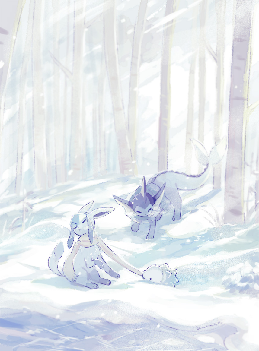 animal_focus bare_tree birch_tree breath bush closed_eyes clothes_pull cold day eating eating_clothes fins foliage forest glaceon head_fins light nature no_humans on_ground outdoors pokemon pokemon_(creature) pulling river riverbank scarf sitting snom snow snowing standing sunlight tree vaporeon winter worm yellow_scarf yurano_(upao)