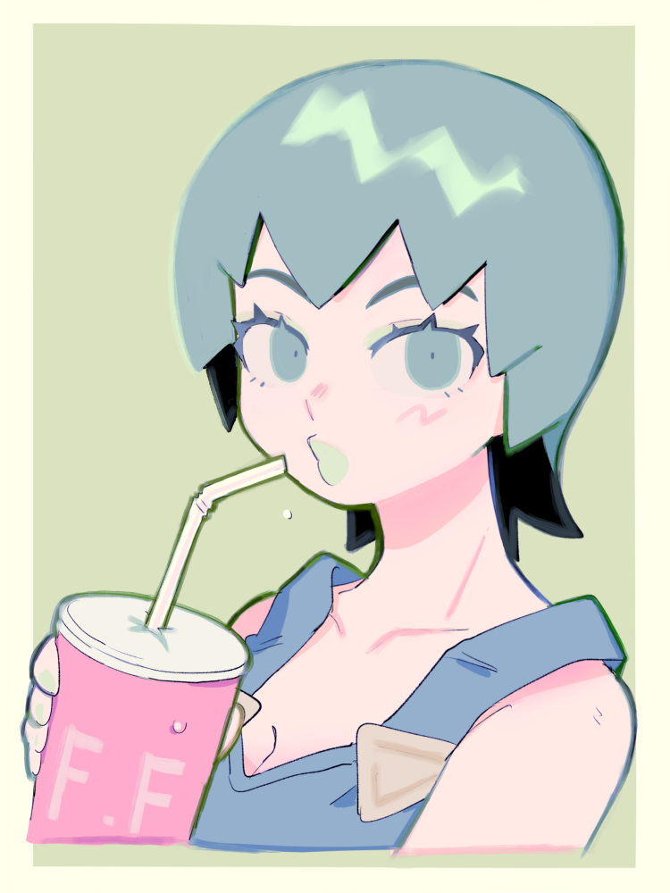 1girl a_(poipiku_325815) blue_overalls blush border breasts cleavage collarbone commentary_request cup disposable_cup drinking_straw foo_fighters green_background green_eyes green_hair green_lips hand_up holding holding_cup jojo_no_kimyou_na_bouken looking_at_viewer overalls short_hair solo stone_ocean upper_body white_border