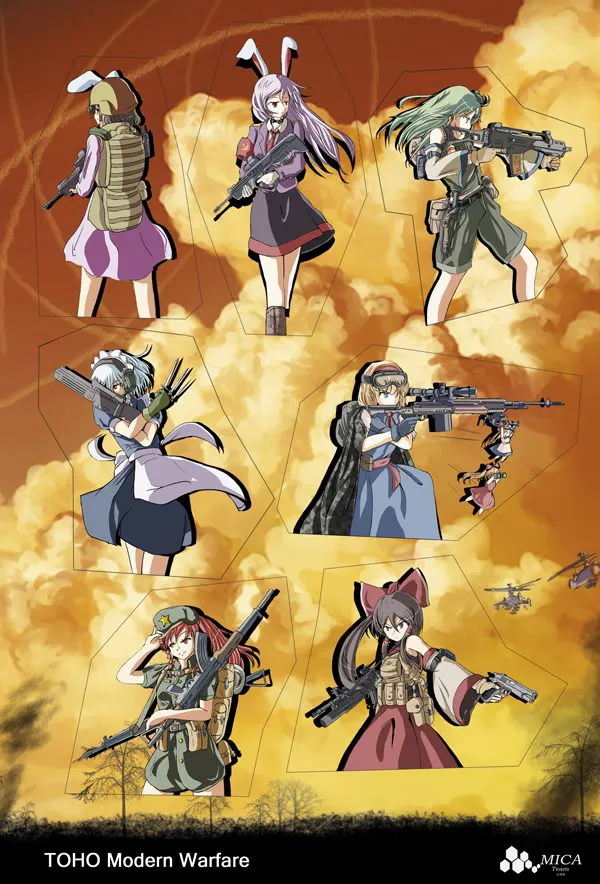 6+girls adapted_costume aiming aircraft alice_margatroid ammunition_pouch animal_ears apron arm_pouch armband ascot assault_rifle bare_shoulders battle_rifle belt belt_pouch beret bipod blonde_hair blue_eyes body_armor boots bow braid breasts brown_eyes brown_hair bullpup cloak coat collar collared_shirt collared_vest combat_helmet cowboy_shot detached_sleeves doll dress epaulettes flak_jacket fn_f2000 gloves goggles goggles_on_head green_hair grenade_launcher grey_hair gun gun_sling h&amp;k_g11 h&amp;k_g36c hair_down hair_ornament hair_tubes hairband hakurei_reimu handgun hat headdress headset helicopters helmet holding holding_gun holding_knife holding_weapon hong_meiling hood hooded_cloak inaba_tewi iwi_tavor izayoi_sakuya jacket knife kochiya_sanae long_hair long_sleeves m1911 m203 m4_carbine maid medium_hair medium_skirt multiple_girls necktie ponytail pouch purple_hair rabbit_ears red_armband red_eyes red_hair reisen_udongein_inaba rifle scope shirt short_hair short_sleeves shorts skirt sleeveless star_(symbol) suit touhou tree type_81-1 underbarrel_grenade_launcher vertical_foregrip vest waist_apron weapon white_hair yu_zhong