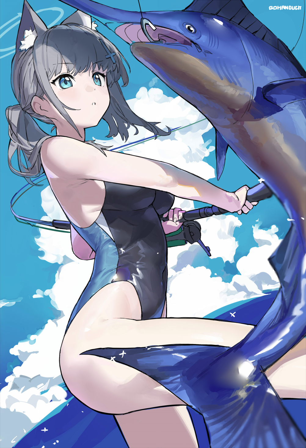 1girl animal_ear_fluff animal_ears bare_arms bare_shoulders black_one-piece_swimsuit blue_archive blue_halo blush breasts cloud competition_swimsuit covered_navel cowboy_shot cross cross_hair_ornament day fish fishing fishing_line fishing_rod gohanduck grey_hair hair_ornament halo highleg highleg_swimsuit highres holding holding_fishing_rod inverted_cross medium_breasts mismatched_pupils multicolored_clothes multicolored_swimsuit official_alternate_costume one-piece_swimsuit ponytail shiroko_(blue_archive) shiroko_(swimsuit)_(blue_archive) sky standing swimsuit swordfish two-tone_swimsuit wolf_ears
