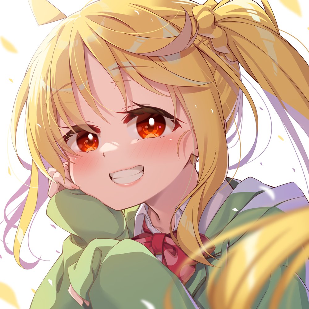 1girl ahoge blonde_hair blurry blush bocchi_the_rock! bow chika_(06chimika13) close-up commentary_request depth_of_field eyelashes eyes_visible_through_hair floating_hair green_hoodie grin hair_between_eyes happy hood hood_down hoodie ijichi_nijika lips long_hair looking_at_viewer polka_dot polka_dot_bow red_bow red_eyes side_ponytail sidelocks simple_background sleeves_past_wrists smile solo very_long_hair white_background