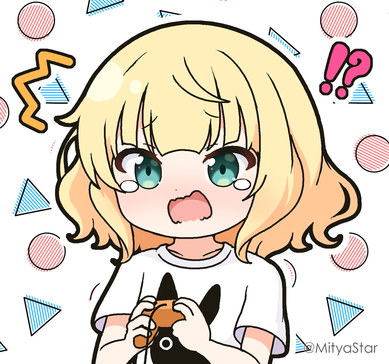 !? 1girl ^^^ animal_print blonde_hair commentary_request controller game_controller green_eyes holding marl_(shironeko_project) mitya open_mouth outline print_shirt rabbit_print shironeko_project shirt short_sleeves solo tears twitter_username upper_body wavy_mouth white_background white_outline white_shirt