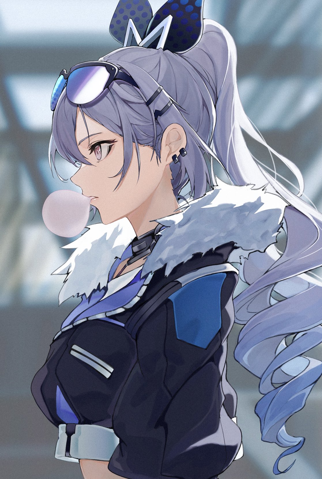 1girl black_jacket blurry blurry_background bubble_blowing chewing_gum crop_top cropped_jacket drill_ponytail eyewear_on_head from_side fur-trimmed_jacket fur_trim goggles goggles_on_head grey_eyes hair_between_eyes hair_ornament hair_ribbon hairpin highres honkai:_star_rail honkai_(series) jacket looking_to_the_side marumoru nape purple-tinted_eyewear ribbon shirt silver_wolf_(honkai:_star_rail) single-shoulder_shirt single_drill solo tinted_eyewear upper_body