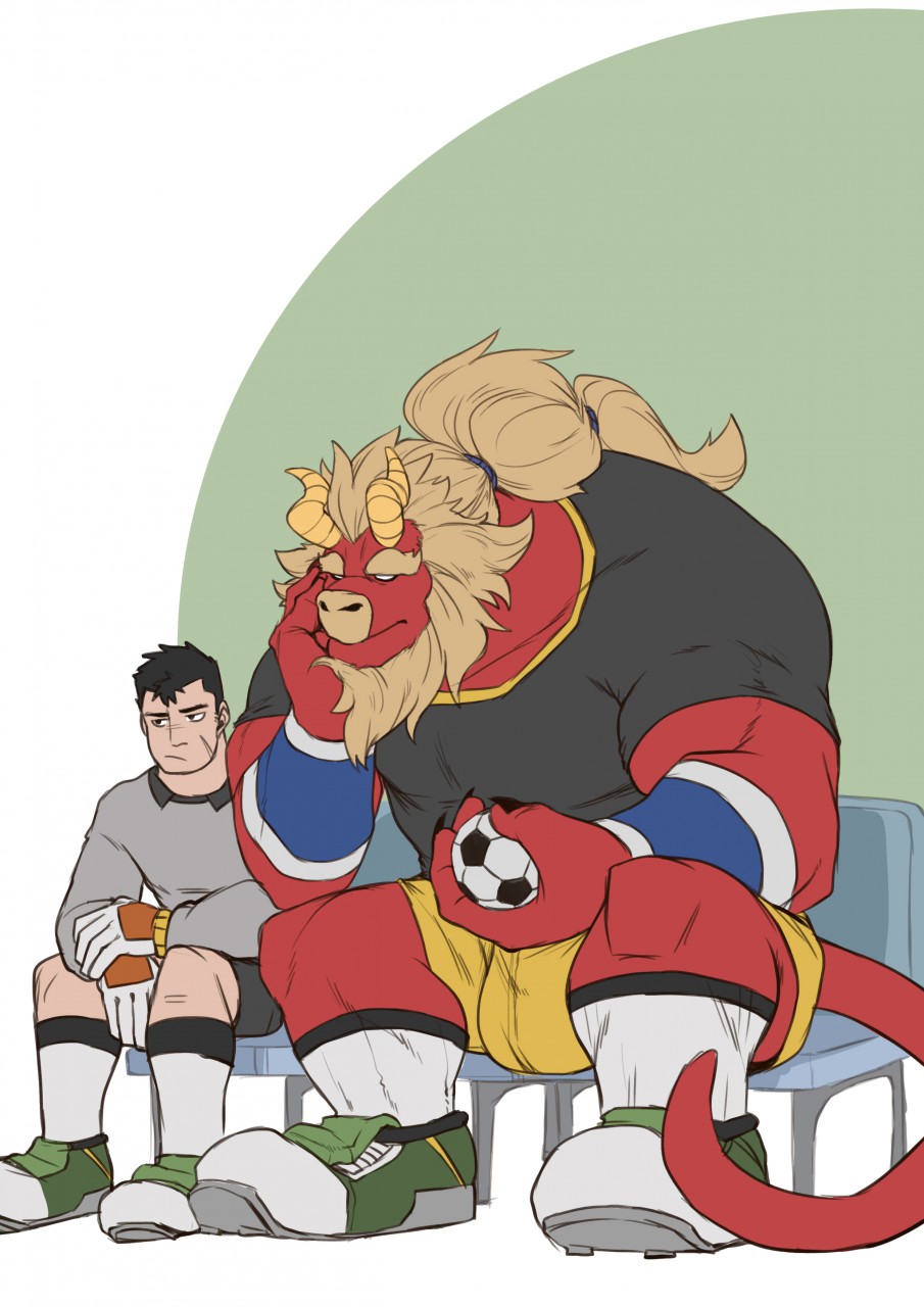 2boys :/ alternate_costume american_football_uniform ball bara beard black_hair black_shorts blank_eyes bored bulge colored_skin curled_horns dragon_horns elbow_rest facial_hair forked_eyebrows full_body furry furry_male furry_with_non-furry gardie_(otsukimi) gloves highres horns huge_eyebrows interspecies kouhei_(otsukimi) large_bulge large_feet large_hands large_pectorals lion_hair male_focus multiple_boys muscular muscular_male on_chair original otsukimi pectorals pout red_skin shirt short_hair shorts sideburns sideburns_stubble sitting size_difference soccer_ball socks sportswear t-shirt tail thick_eyebrows white_socks yaoi yellow_shorts