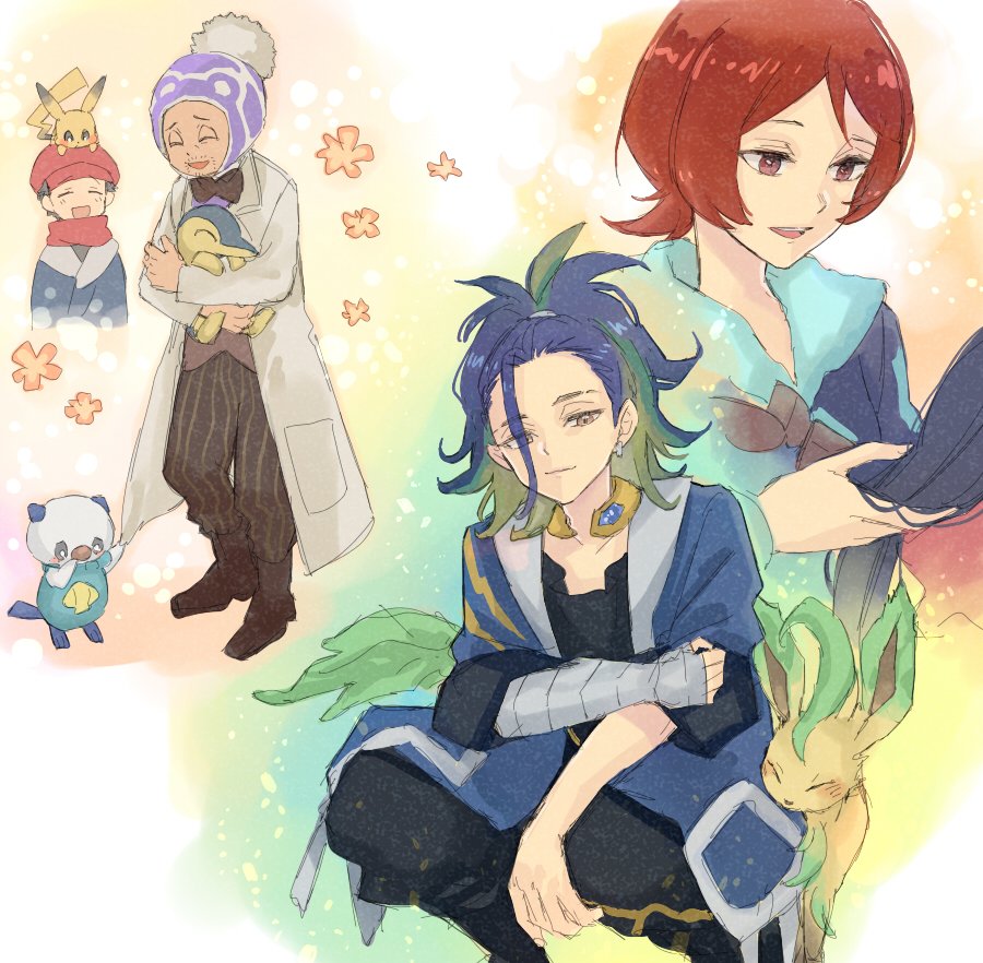 1girl 3boys :d adaman_(pokemon) aqua_hair arezu_(pokemon) bandaged_arm bandages black_bow black_bowtie black_footwear blue_hair bow bowtie brown_eyes closed_mouth cyndaquil dark_blue_hair diamond_clan_outfit earrings eyes_visible_through_hair galaxy_expedition_team_survey_corps_uniform hani_(udauda) hat jewelry lab_coat laventon_(pokemon) leafeon light_green_hair medium_hair multicolored_hair multiple_boys neck_ring on_head open_mouth oshawott pants pikachu pokemon pokemon_(creature) pokemon_(game) pokemon_legends:_arceus pokemon_on_head red_eyes red_hair red_headwear red_scarf rei_(pokemon) scarf short_hair single_earring smile squatting striped striped_pants teeth upper_teeth_only vertical-striped_pants vertical_stripes wide_ponytail