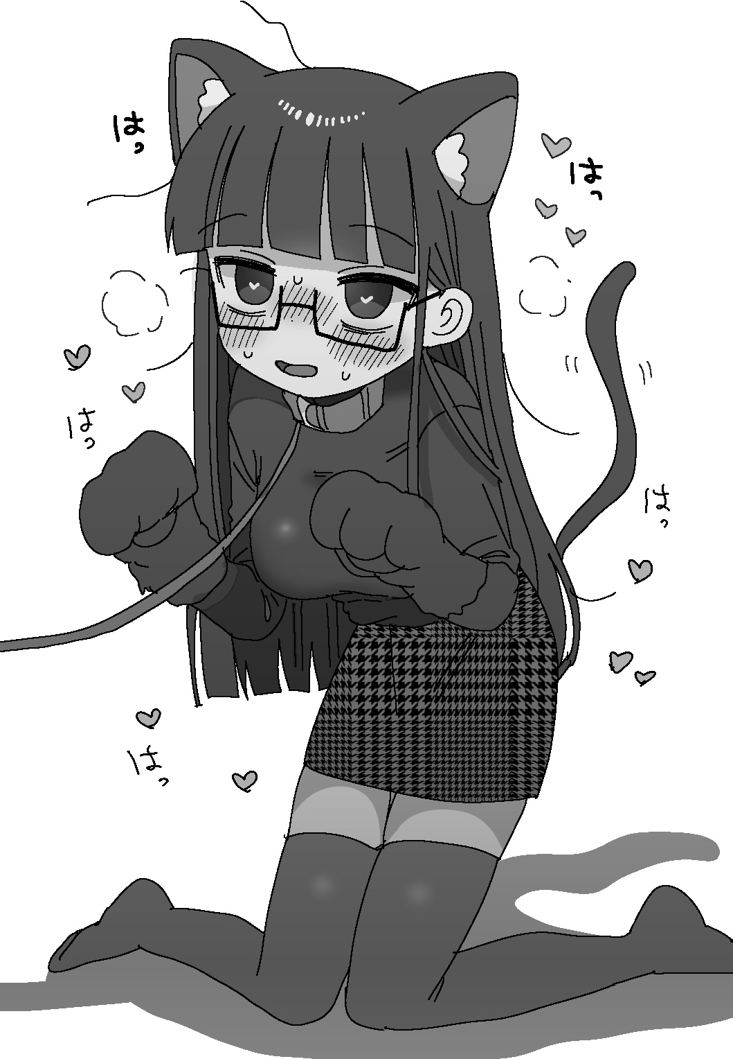 1girl animal_ears animal_hands bags_under_eyes blunt_bangs blunt_ends blush breasts cat_ears cat_tail collar commentary_request full_body glasses gloves greyscale heart heart-shaped_pupils heavy_breathing highres in_heat kemonomimi_mode kneeling large_breasts leash long_hair looking_ahead looking_at_viewer monochrome no_shoes nose_blush open_mouth patterned_clothing paw_gloves paw_pose pencil_skirt semi-rimless_eyewear shinigami_dot_com shirt simple_background skirt smile solo sweater symbol-shaped_pupils tail tail_raised taut_sweater thighhighs toukyou_tama unmoving_pattern yasashii_naizou