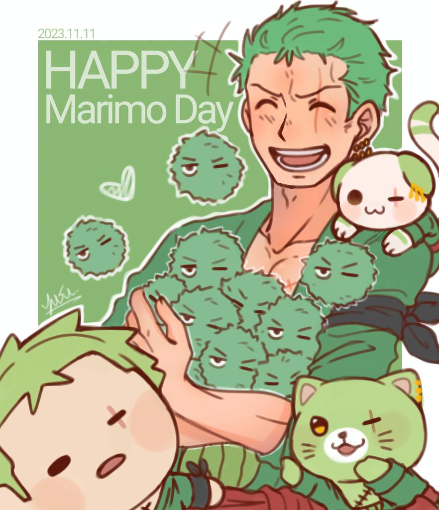 1boy :3 ^_^ animalization carrying cat character_doll closed_eyes green_hair green_kimono green_theme happy japanese_clothes kimono laughing male_focus marimo marimo_zoro minoko_sama one_piece plantification roronoa_zoro scar scar_across_eye short_hair solid_oval_eyes two-tone_background upper_body