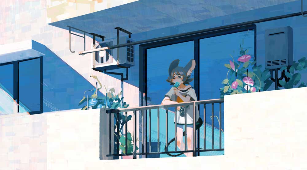 1girl air_conditioner animal_ears apartment balcony blue_shorts building day food food_in_mouth grey_hair haruaki_(onkai_planaria) holding holding_food holding_popsicle mouse_ears mouse_girl mouse_tail original outdoors plant popsicle popsicle_in_mouth potted_plant railing scenery shirt short_hair shorts solo summer tail white_shirt