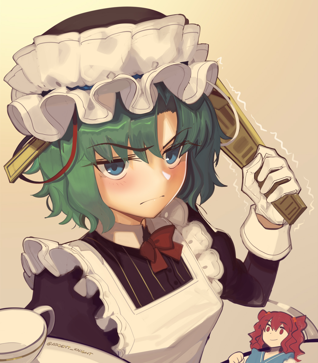 2girls alternate_costume apron black_headwear blue_eyes boa_(brianoa) closed_mouth cup enmaided frilled_hat frills gloves green_hair hair_bobbles hair_ornament hat highres holding holding_scythe long_sleeves maid maid_apron medium_hair multiple_girls onozuka_komachi red_eyes red_hair rod_of_remorse scythe shiki_eiki touhou twitter_username two_side_up white_apron white_gloves