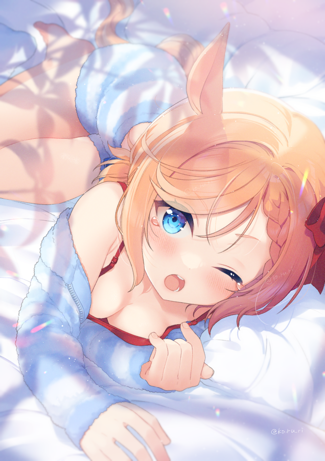 alternate_costume animal_ears bed blurry blurry_background blush breasts cleavage commentary_request hair_between_eyes hair_ornament horse_ears koruri light_brown_hair looking_at_viewer medium_breasts one_eye_closed open_mouth tears teeth twitter_username umamusume upper_teeth_only venus_park_(umamusume) waking_up