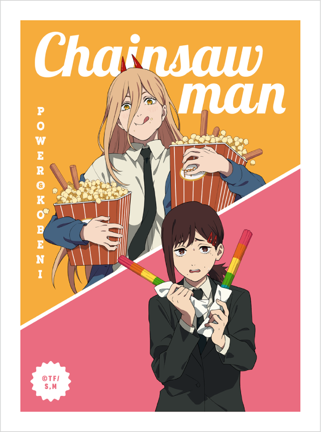 2girls asymmetrical_hair black_jacket black_necktie blonde_hair blue_jacket brown_eyes brown_hair chainsaw_man character_name collared_shirt copyright_name food hair_ornament hairpin higashiyama_kobeni holding holding_food holding_popsicle horns jacket long_hair looking_at_viewer mole multiple_girls necktie official_art open_mouth popcorn popsicle power_(chainsaw_man) red_horns shirt suit sweat sweatdrop tongue tongue_out white_shirt worried yellow_eyes