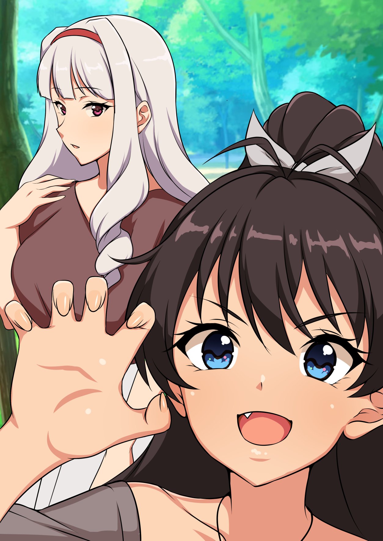 2girls antenna_hair black_hair blue_eyes blunt_bangs breasts brown_shirt claw_pose collarbone day fang ganaha_hibiki grey_hair hair_between_eyes hairband hand_on_own_shoulder high-waist_skirt high_ponytail highres idolmaster idolmaster_(classic) jabara_tornado large_breasts long_hair looking_at_viewer multiple_girls open_mouth outdoors parted_lips pink_eyes red_hairband ringlets shijou_takane shirt skirt smile tree upper_body v-shaped_eyebrows white_skirt