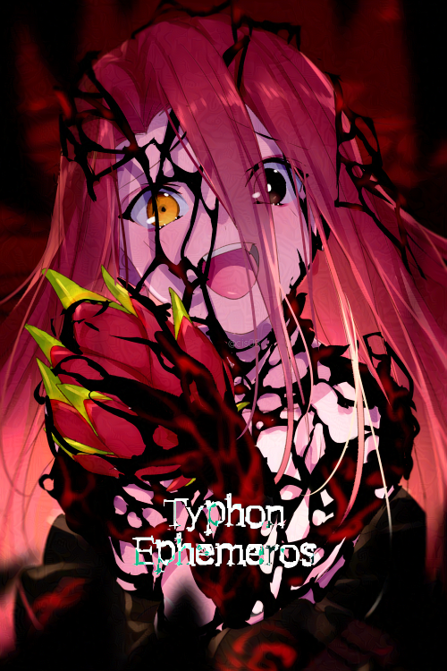 1girl bare_shoulders black_eyes black_skirt blush body_markings breasts character_name claws dragon_fruit echo_(circa) fate/grand_order fate_(series) hair_between_eyes heterochromia long_hair looking_at_viewer open_mouth red_hair skirt small_breasts smile solo typhon_ephemeros_(fate) very_long_hair yellow_eyes