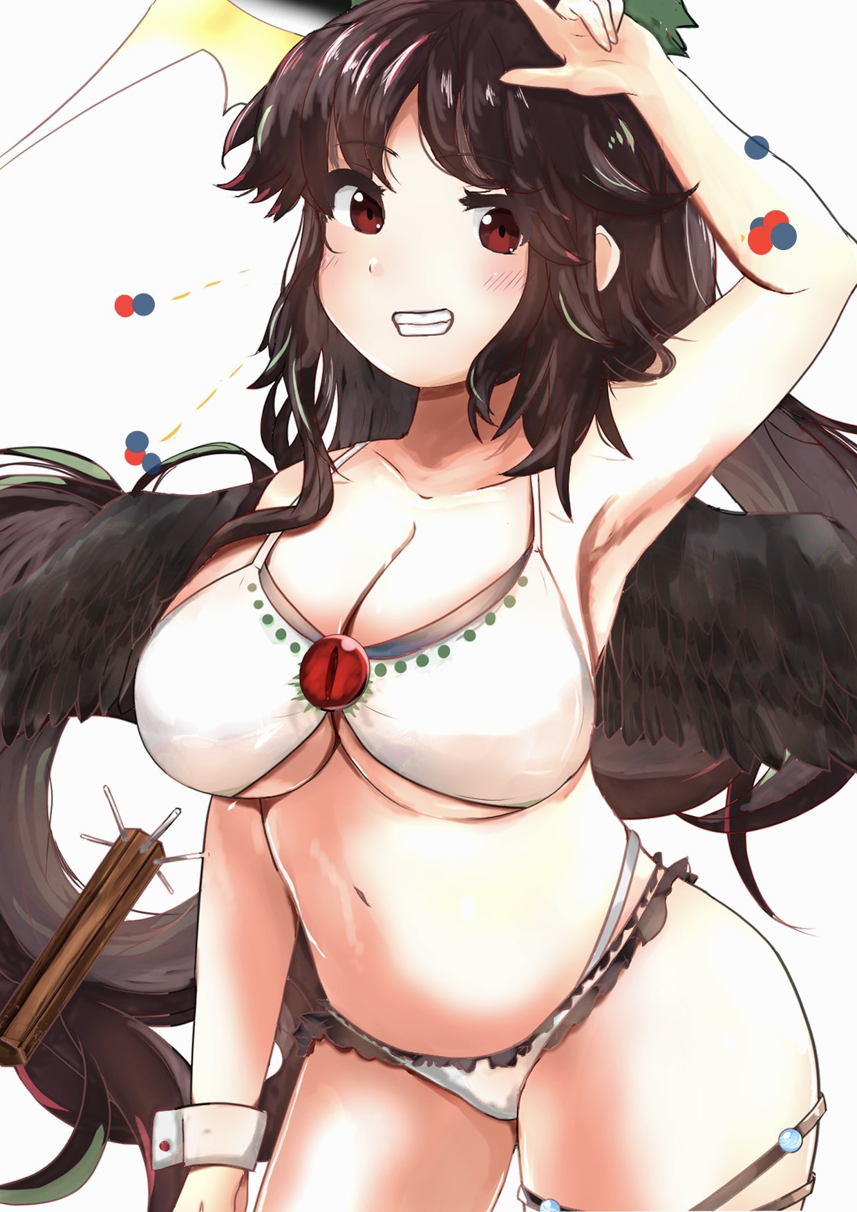 1girl adapted_costume arm_up armpits atom bird_wings breasts brown_hair cleavage commentary_request contrapposto cowboy_shot feathered_wings grin highres long_hair looking_at_viewer morizou_shi navel radiation red_eyes reiuji_utsuho simple_background smile solo swept_bangs touhou underboob very_long_hair white_background wings wrist_cuffs