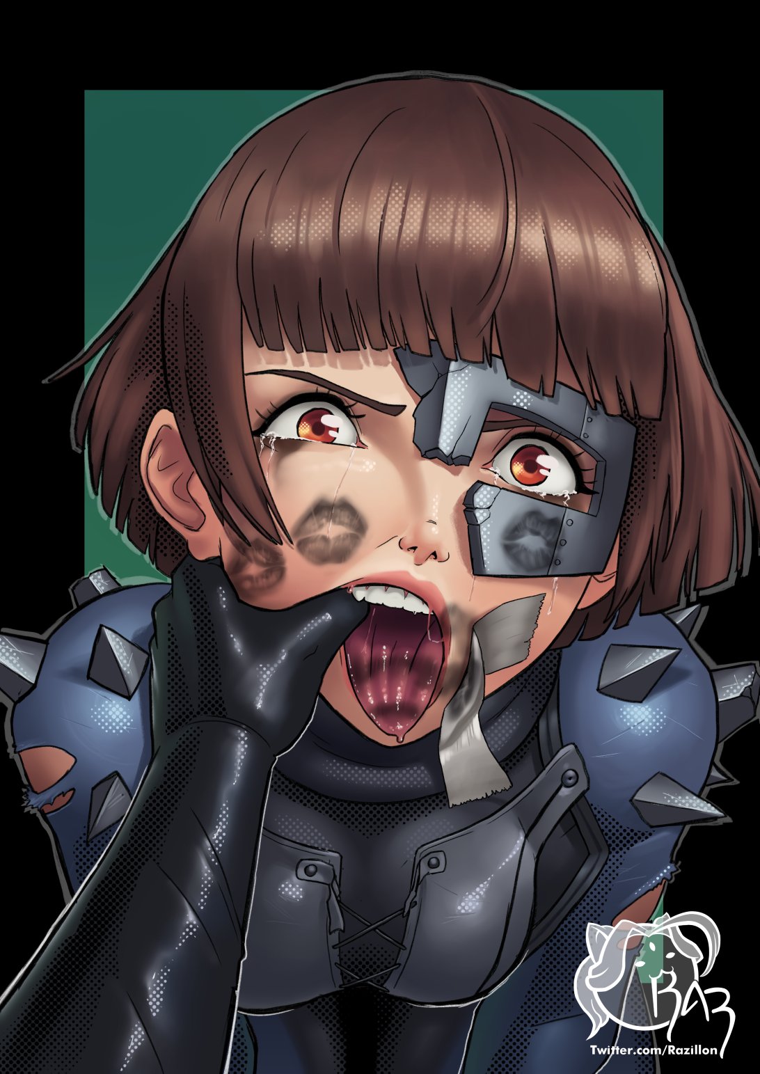 2girls black_gloves broken_mask brown_eyes brown_hair finger_in_another's_mouth gag gloves highres implied_incest implied_yuri improvised_gag lipstick_mark lipstick_mark_on_face looking_at_viewer mask mouth_pull multiple_girls niijima_makoto niijima_sae open_mouth persona persona_5 pov razillon runny_makeup saliva shadow_sae short_hair shoulder_spikes solo_focus spikes steel_mask tape tape_gag tears teeth tongue tongue_out torn_clothes unworn_gag upper_teeth_only