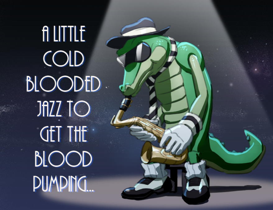 1boy black_headwear colored_skin commentary crocodilian_tail english_commentary english_text gloves green_skin instrument joeadok male_focus music necktie playing_instrument saxophone sitting sonic_(series) sonic_the_hedgehog_(classic) spotlight sunglasses tail vector_the_crocodile white_gloves