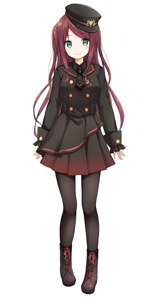 1girl akabane_youko akabane_youko_(3rd_costume) black_footwear black_headwear black_necktie black_pantyhose black_shirt black_skirt boots buttons closed_mouth double-breasted full_body green_eyes hat long_hair long_sleeves looking_at_viewer military_hat military_uniform na53 necktie nijisanji official_art pantyhose peaked_cap red_hair shirt skirt smile solo tachi-e uniform virtual_youtuber