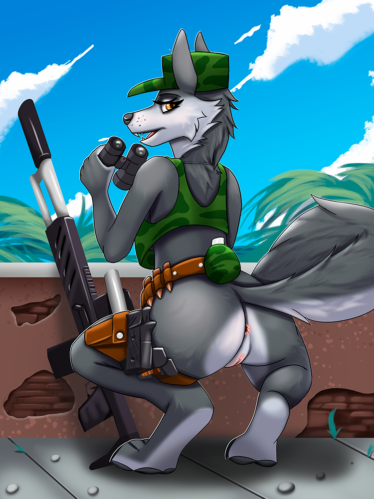 anthro anus binoculars bullet butt canid canine canis clothed clothing digital_media_(artwork) explosives female fur genitals grenade gun hair handgun illumination_entertainment looking_at_viewer mammal nude oldoldman plantigrade porsha_crystal pussy ranged_weapon rifle simple_background sing_(movie) sniper sniper_rifle solo tail weapon white_body wolf yellow_eyes